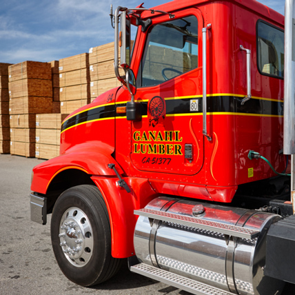 Ganahl Lumber delivery truck in the lumberyard. 