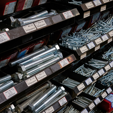 Close up of a fastener aisle at Ganahl lumber.