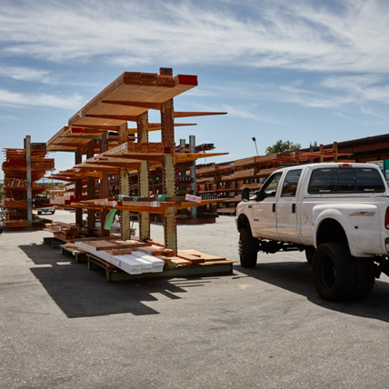 A customer's truck in the Ganahl lumberyard while they pick out their lumber.